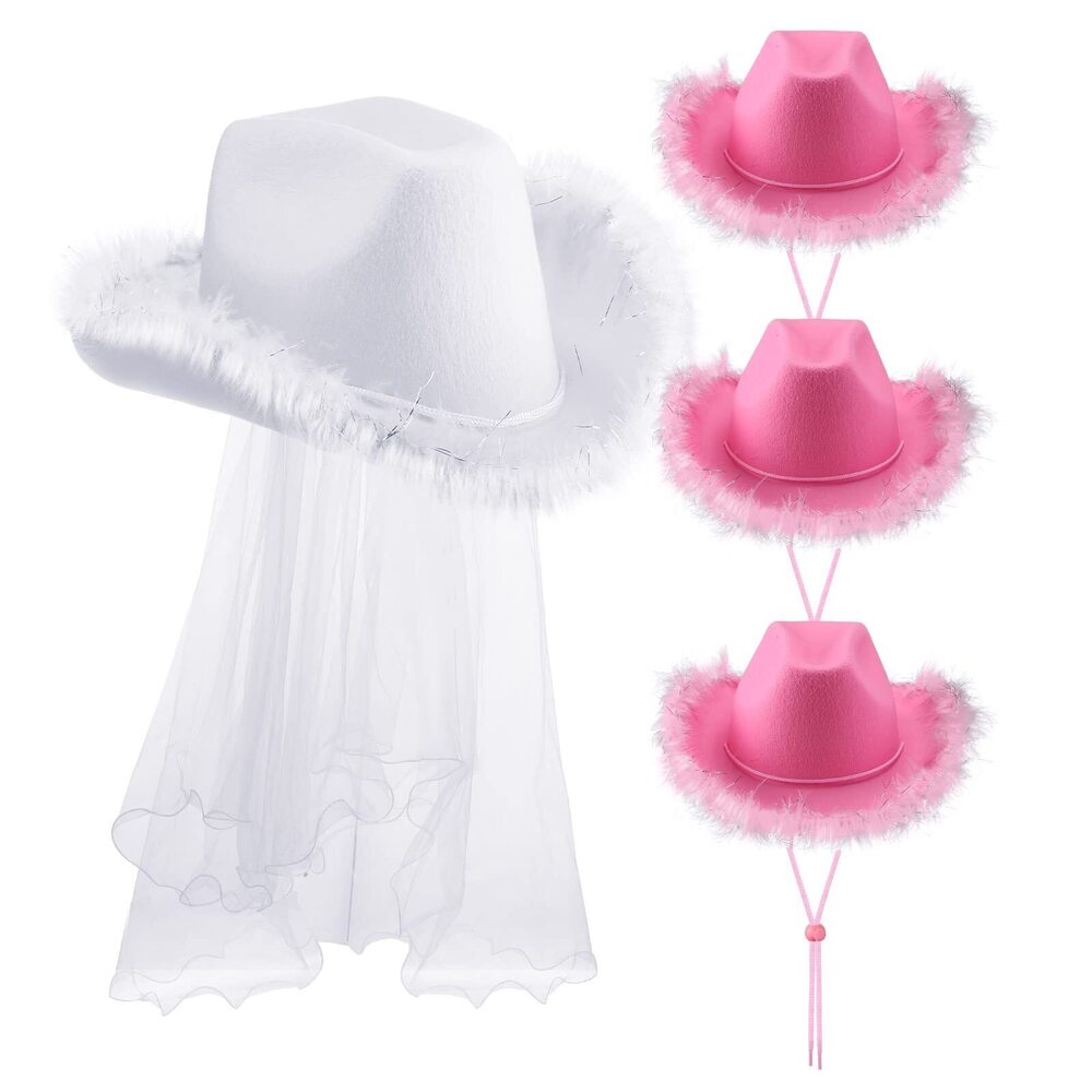 1179 5 Pieces Party Cowboy Hat Set Pink Cowgirl Princess White Feather